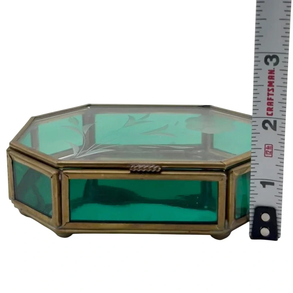 Vintage Emerald Green Glass Jewelry Trinket Box Etched Floral Brass Via Vermont